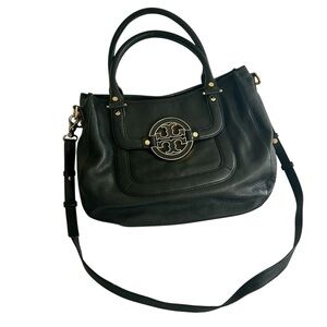 Tory Burch Amanda Black Pebbled Leather Convertible Hobo Satchel Gold Logo